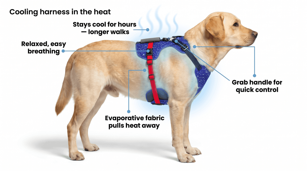 Cooling harness in the heat — stays cool for hours, evaporative fabric pulls heat away, relaxed easy breathing