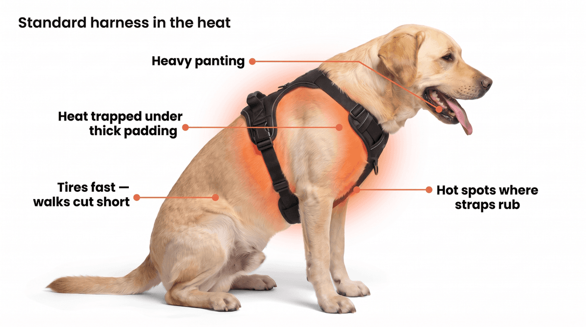 Standard harness in the heat — heat trapped under thick padding, heavy panting, hot spots where straps rub